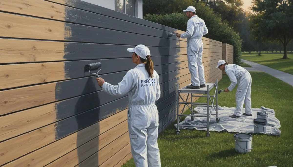 Fence painter coating a wood fence in Cherry Hill, NJ for weather protection and curb appeal